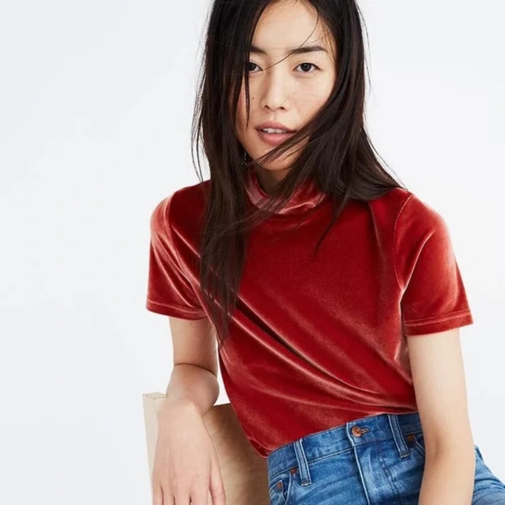 Madewell Burnt Orange Velvet Mockneck Blouse